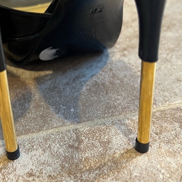 Bruno Frisoni d’orsay patent leather black & gold open toe stiletto heels 38 7.5 - Picture 6 of 10